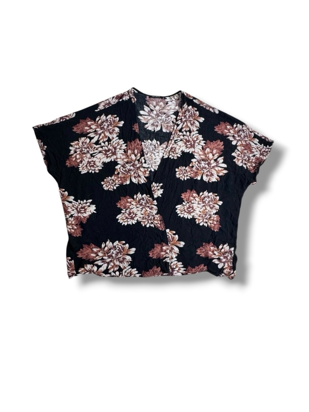 Floral Print Women's 1X Kimono Top - Black and Brown